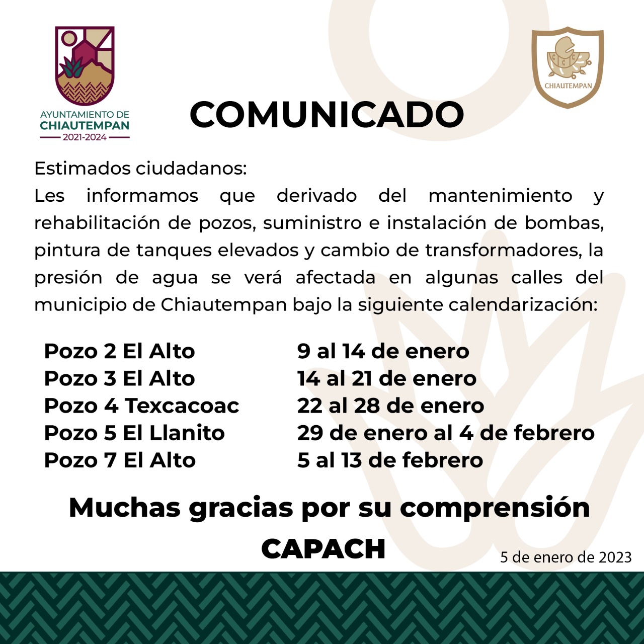 Informa CAPACH trabajos de mantenimiento en pozos de Chiautempan, a partir de este 9 de enero